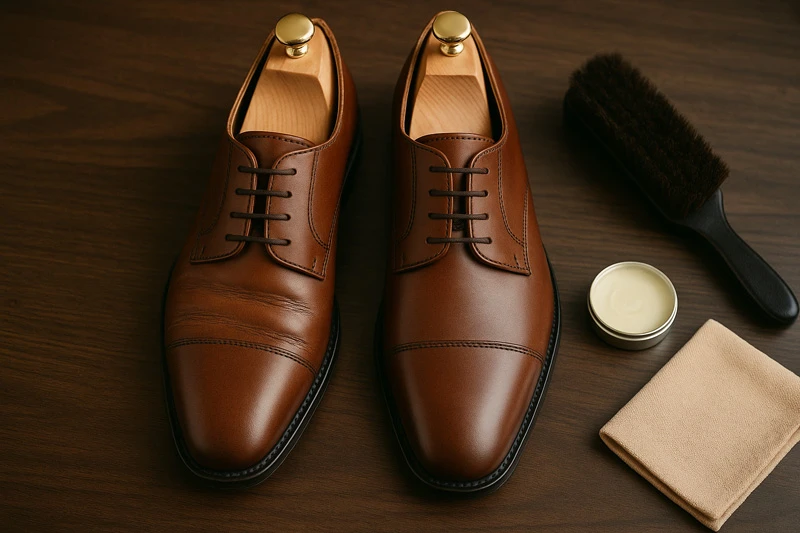 Пара коричневых кожаных оксфордов: левый с изломами, правый разглаженный; рядом щетка, крем и салфетка