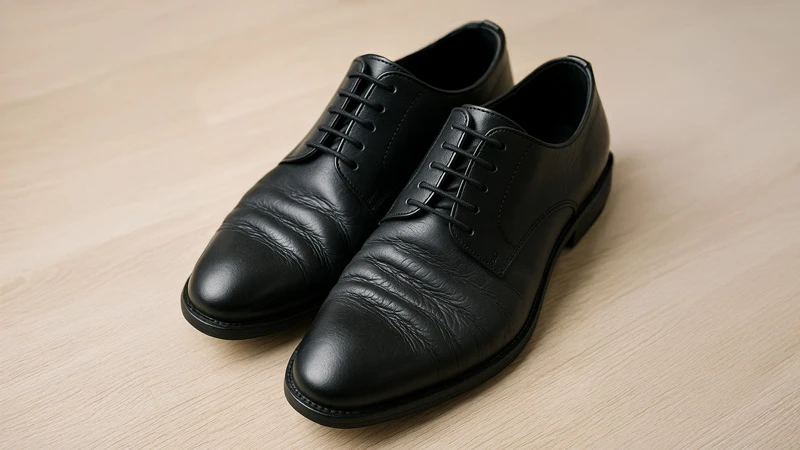 Крупный план чёрных кожаных туфель с выраженными заломами на передней части — естественный износ