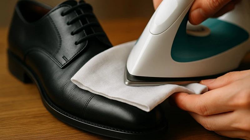 Разглаживание изломов: утюг на сложенной белой ткани поверх передней части черной кожаной туфли, без контакта с кожей