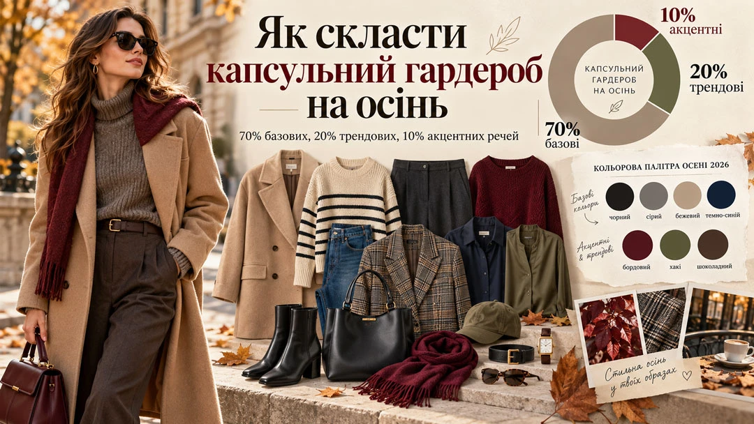 Как составить капсульный гардероб на осень: правильные пропорции и палитра — Sezon.ua Инфографика осеннего капсульного гардероба с круговой диаграммой пропорций одежды, раскладкой базовых вещей и цветовой палитрой