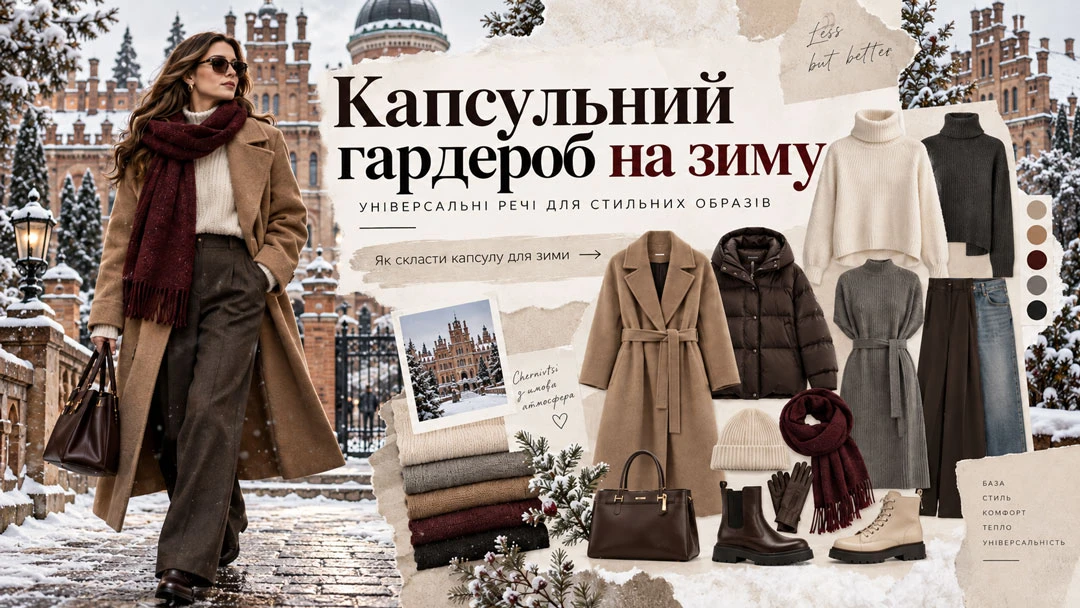 Капсульный гардероб на зиму: универсальные вещи для стильных образов — Sezon.ua Инфографика зимнего капсульного гардероба с примерами одежды: пальто, пуховик, свитера, трикотажное платье, ботинки челси и бежевые ботинки на шнуровке