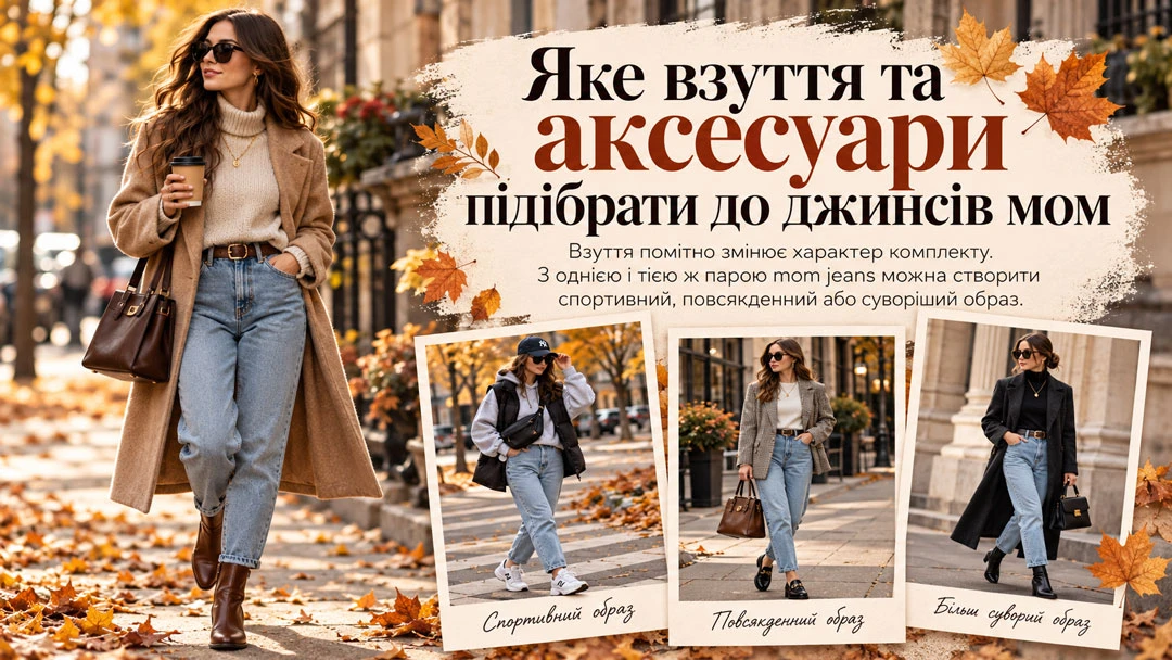 Какую обувь и аксессуары подобрать к джинсам мом: стильные сочетания — Sezon.ua Девушка в джинсах мом, светлом свитере, длинном пальто и коричневых ботинках на фоне осенней улицы, а также примеры спортивного, повседневного и более строгого образов с разной обувью и аксессуарами