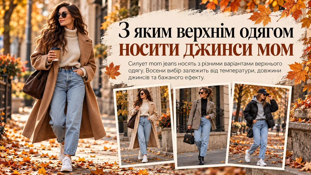 С каким верхним одеянием носить джинсы мом: стильные сочетания на осень — Sezon.ua Девушка в свободных джинсах мом, светлом свитере и длинном бежевом пальто на фоне осенней улицы, а также примеры образов с пиджаком и дутой курткой