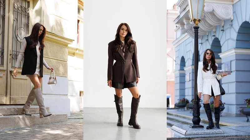 Три образи з високими жіночими чоботами: сірі на підборах, коричневі на пласкій підошві та чорні класичні; вуличний і студійний стиль