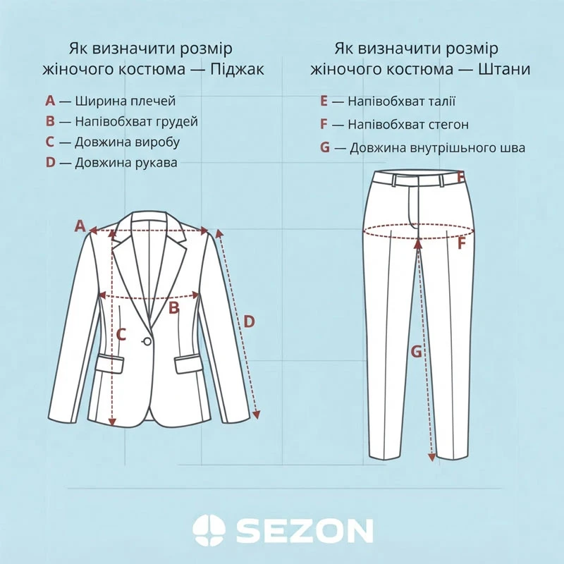 Інструкція з вимірювання жіночого костюма — Sezon.ua Схема замірів жіночого костюма: як виміряти плечі, груди, довжину піджака, рукава, талію та стегна.