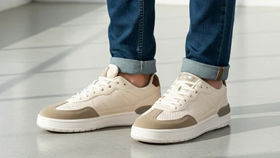 Мужские весенние бежевые кеды на ногах, низкая модель на белой подошве