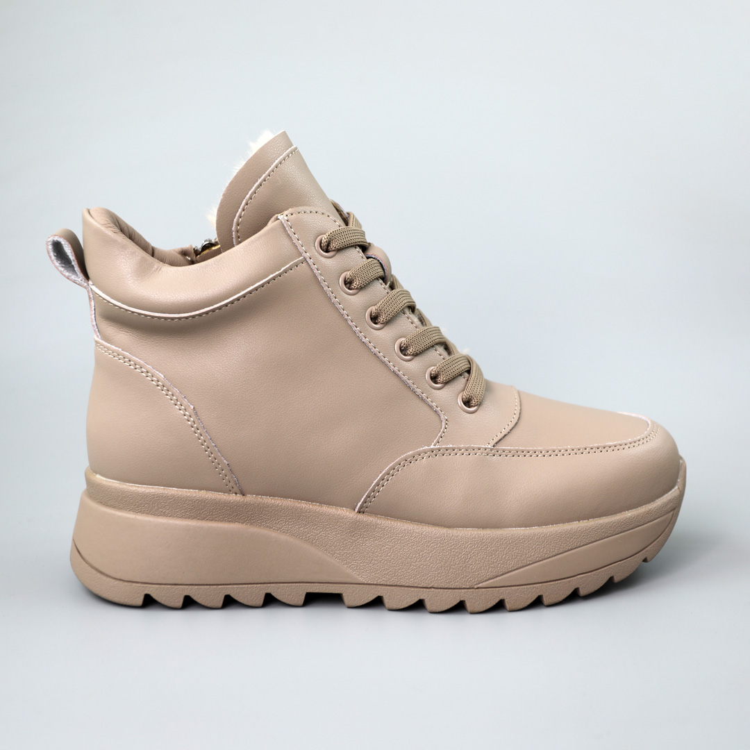 Кроссовки женские кожаные мех 590433 Бежевые