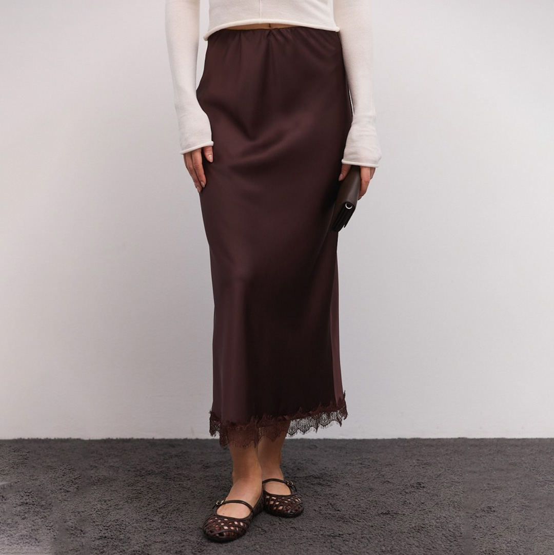 Юбка женская атласная с кружевом 594927 Шоколадная