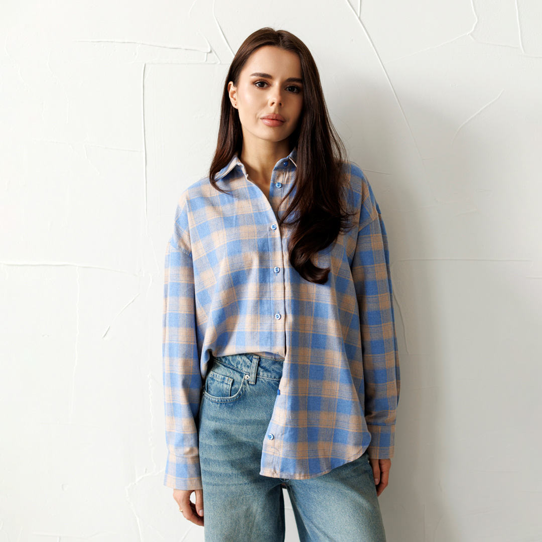 Сорочка в клітинку жіноча 595106 Блакитно-бежева