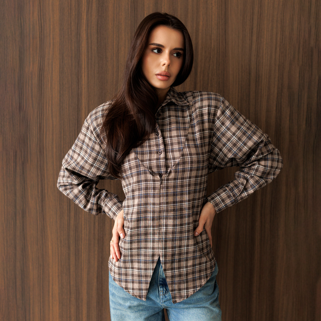 Сорочка в клітинку жіноча 595107 Коричнева