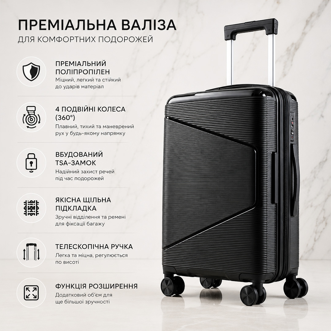 Валіза пластик середня M 75 л 595719 Чорна 💛 ціна: 2190 грн