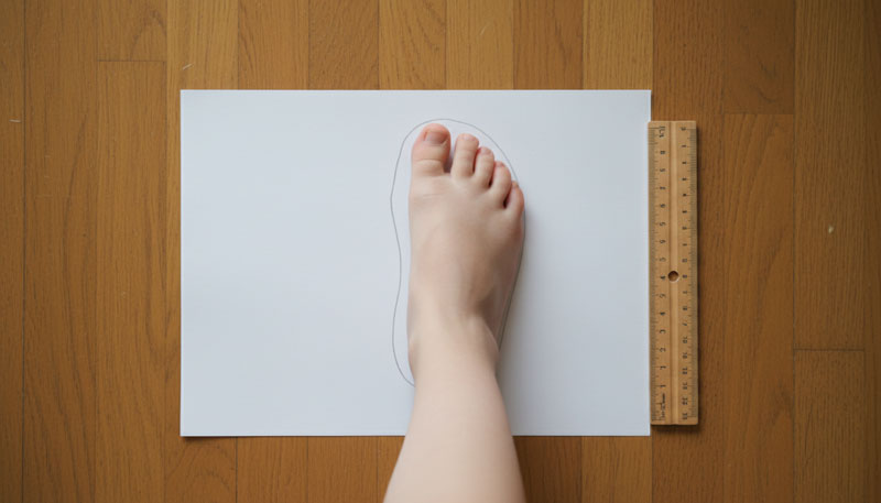 Як правильно виміряти стопу дитини для вибору весняного взуття Дитяча стопа на аркуші паперу з контуром і лінійкою — правильне вимірювання розміру взуття
